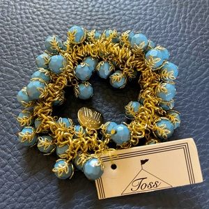 Toss Blue Beaded gold toned stretch bracelet NWT